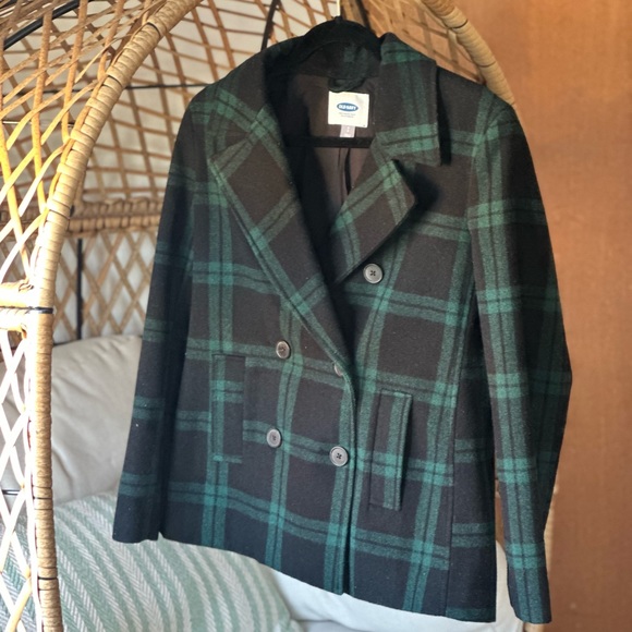 Old Navy Green Black Christmas Plaid Double Breasted 41% Wool Winter Jacket Sz S - Picture 5 of 9